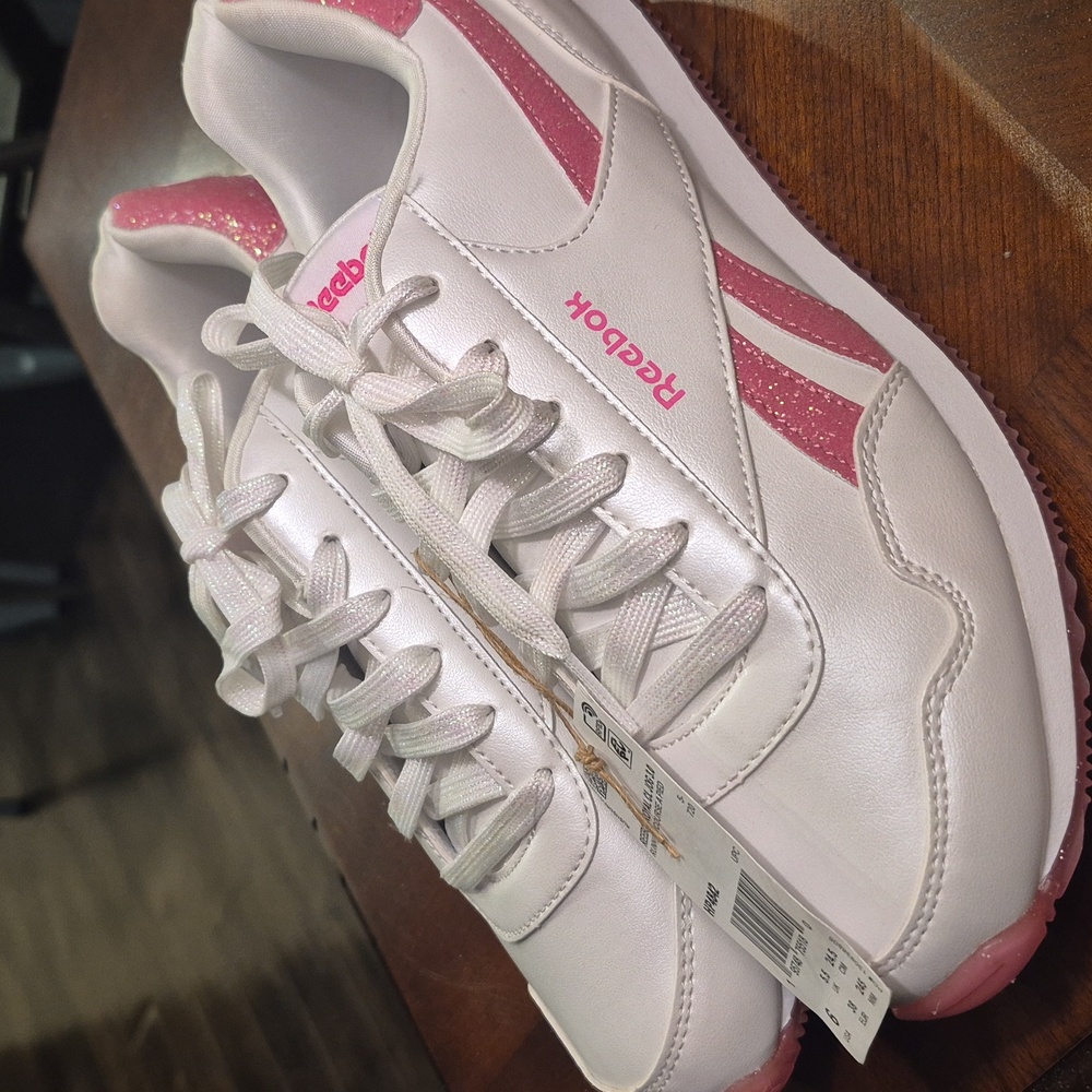 Reebok Women's White and  Sparkly Pink Lace-Up Sneakers